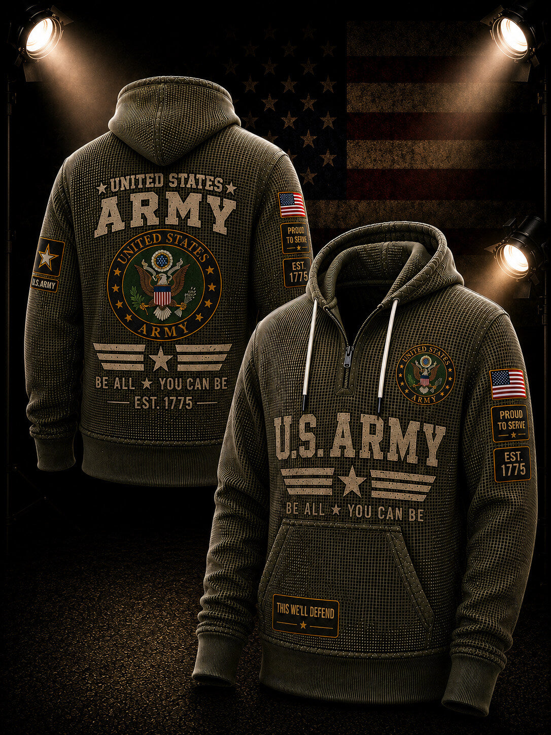 A dark olive green waffle-knit pullover hoodie shown from both front and back, featuring large 'U.S.