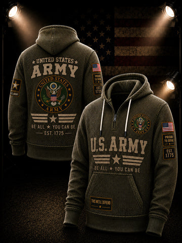 A dark olive green waffle-knit pullover hoodie shown from both front and back, featuring large 'U.S.