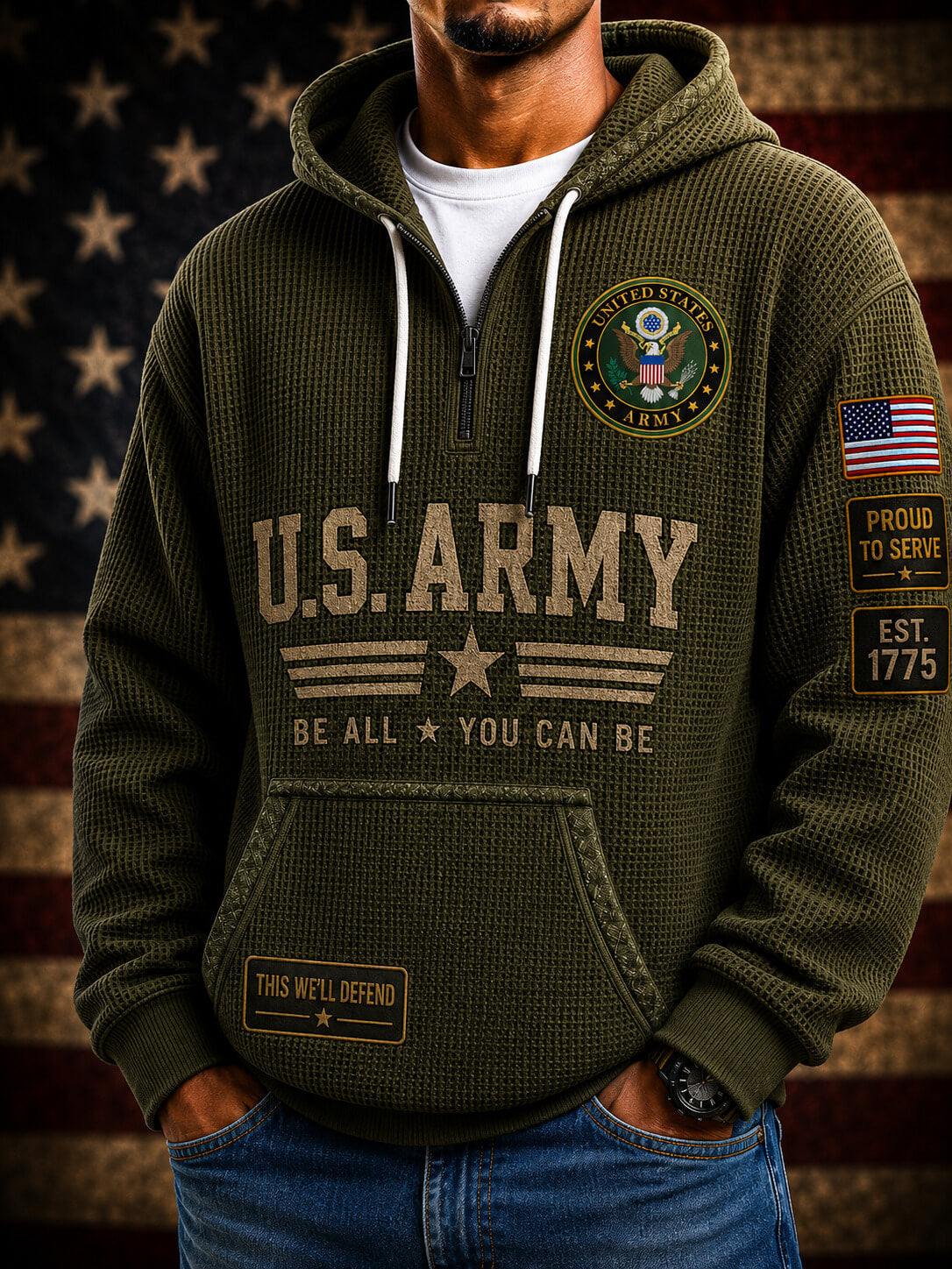 A dark olive green waffle-knit pullover hoodie shown from both front and back, featuring large 'U.S.