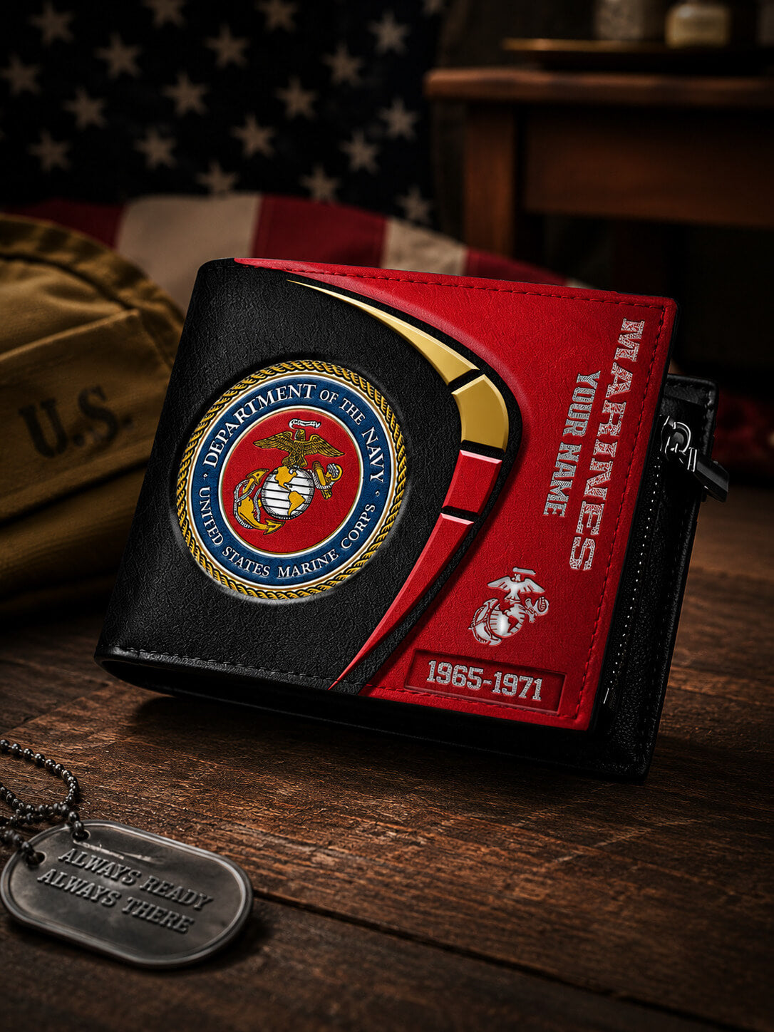 A black and red bi-fold wallet with a large U.S.