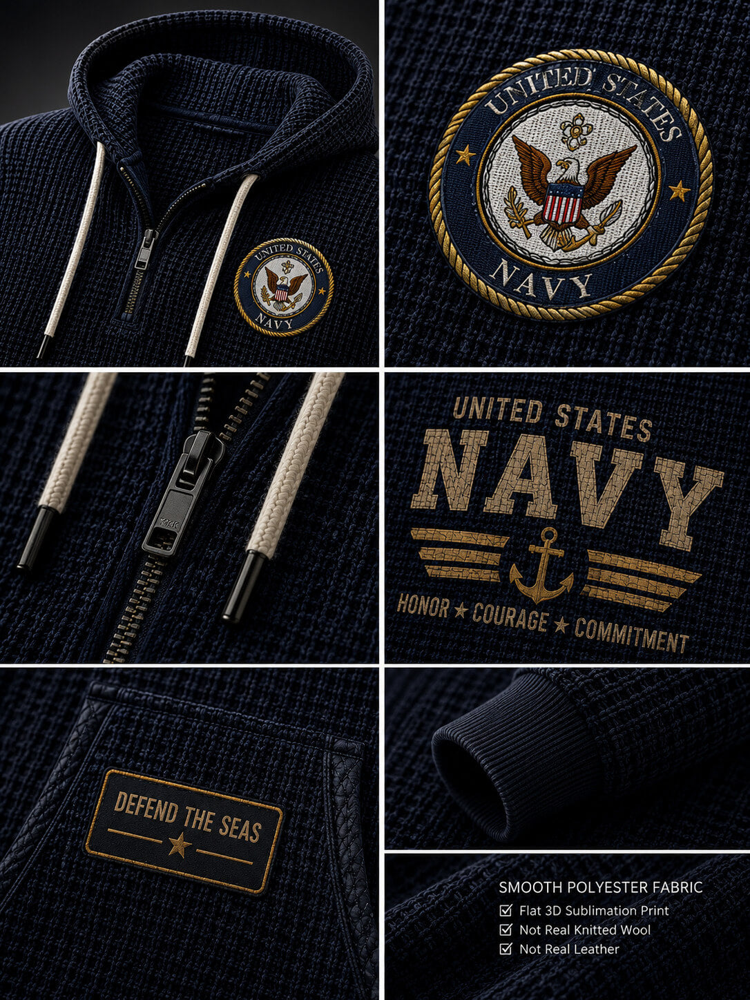 A 6-panel product collage showing a dark navy hooded zip jacket with embroidered United States Navy patches, beige drawstrings, a front zipper close-up, and fabric detail shots on a dark background.