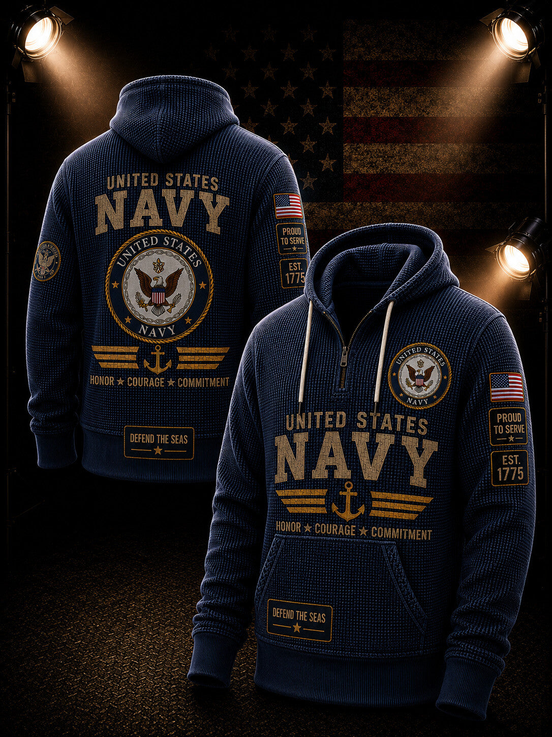 A navy blue pullover hoodie shown from both front and back, featuring large gold and beige 'United States Navy' text, an eagle emblem, anchor graphic, American flag patch, and 'Honor + Courage + Commitment' text. The hoodie is displayed against a dark background with spotlight effects and a blurred American flag.