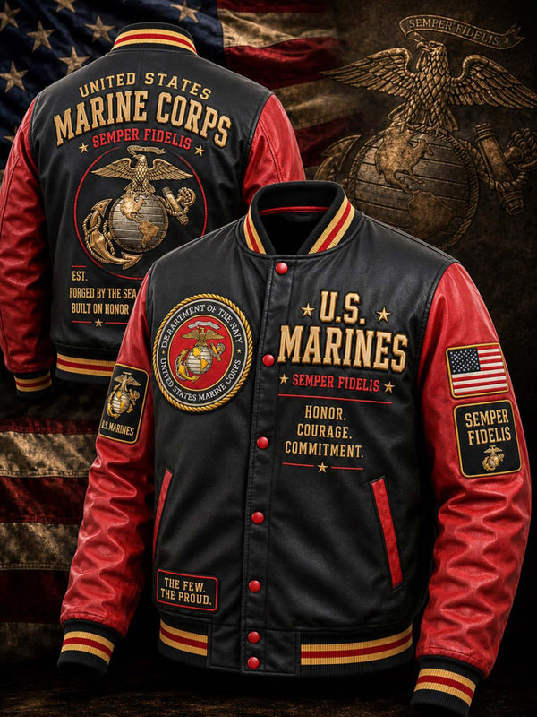 A black and red varsity-style jacket with U.S.