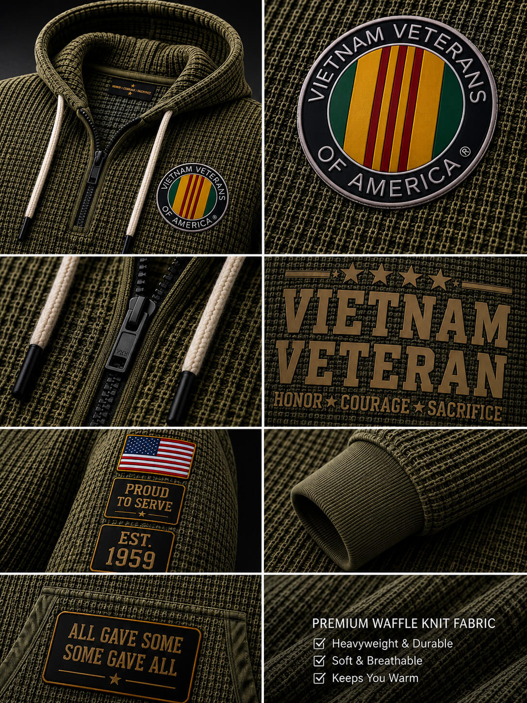 A 6-panel product collage showcasing an olive green waffle-knit zip-up hoodie with a 'Vietnam Veterans of America' patch on the chest, a 'Proud to Serve' flag patch on the sleeve, and a large 'VIETNAM VETERAN' text graphic on the front. The bottom right panel lists fabric benefits.
