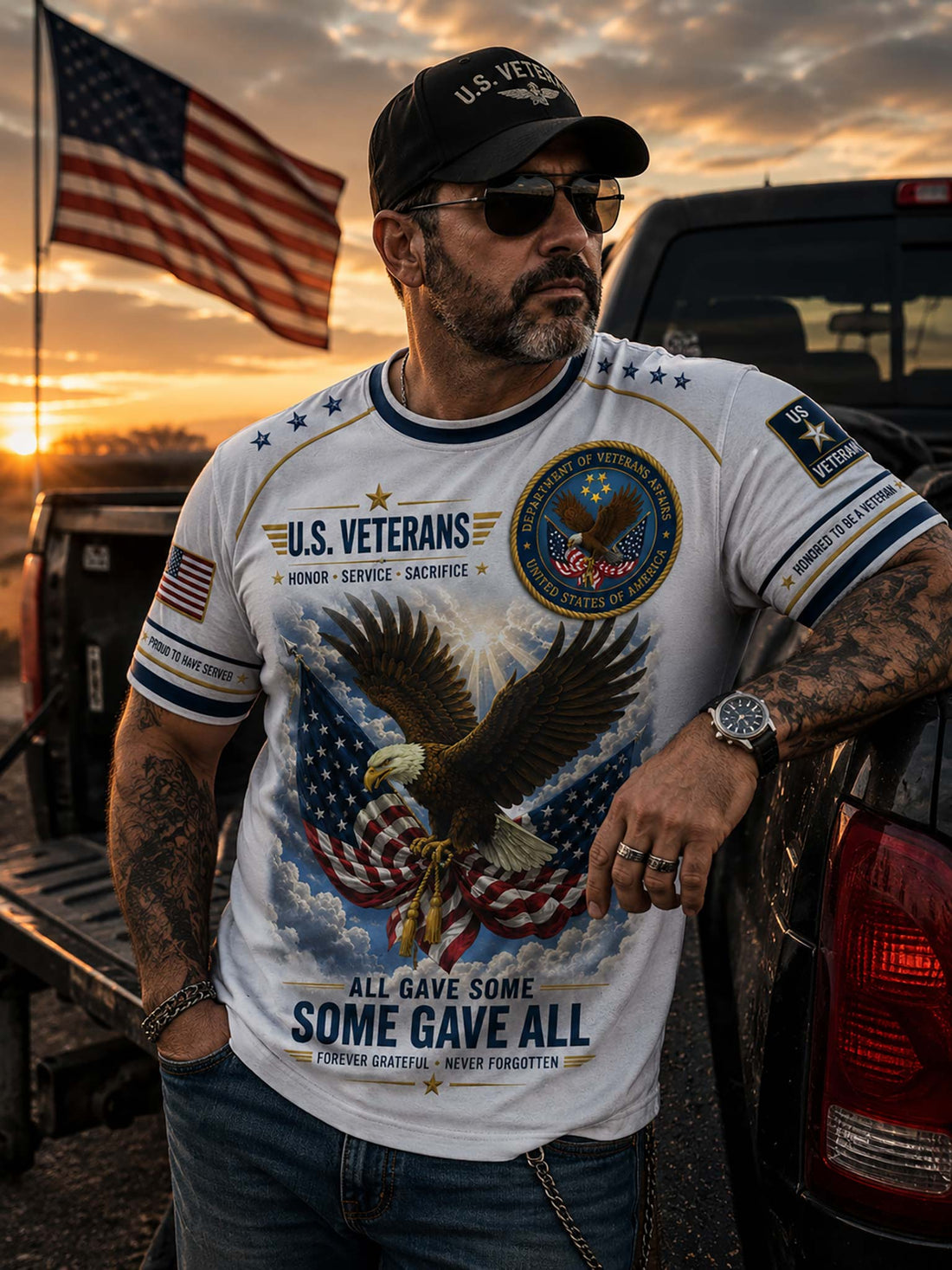 A white short-sleeve t-shirt with a detailed U.S.