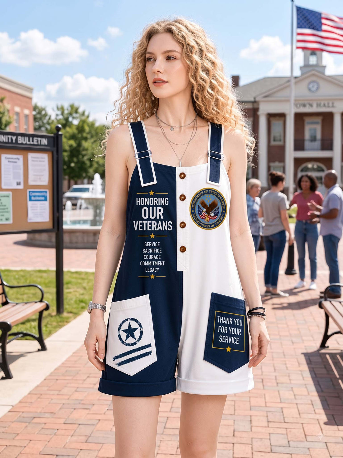 A woman wearing a navy and white short overall romper with patriotic military-themed graphics, including 'HONORING OUR VETERANS' text, a military seal, and a pocket that reads 'THANK YOU FOR YOUR SERVICE'.
