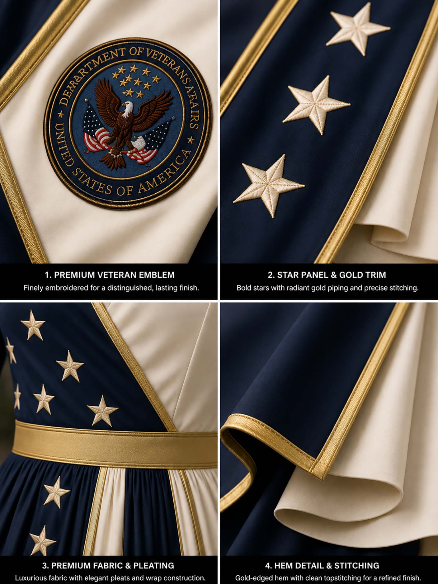 Four-panel close-up collage of a navy and cream military-style fabric garment or ceremonial textile, showing a gold-trimmed veteran emblem, embroidered gold stars, pleated fabric, and detailed stitching.