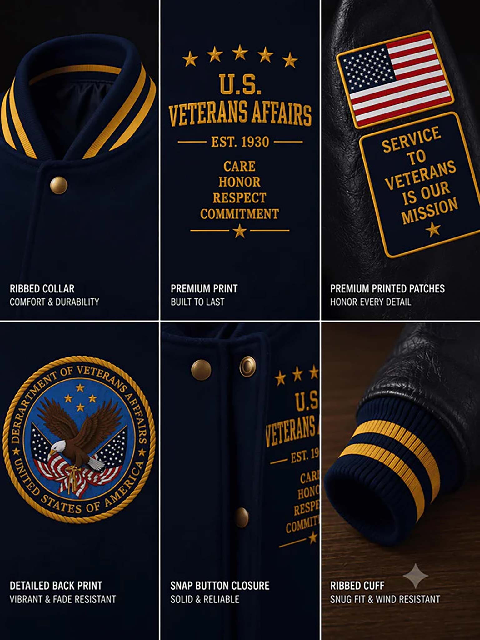 A 2x3 collage showing close-up details of a dark navy varsity-style jacket with gold trim and U.S.