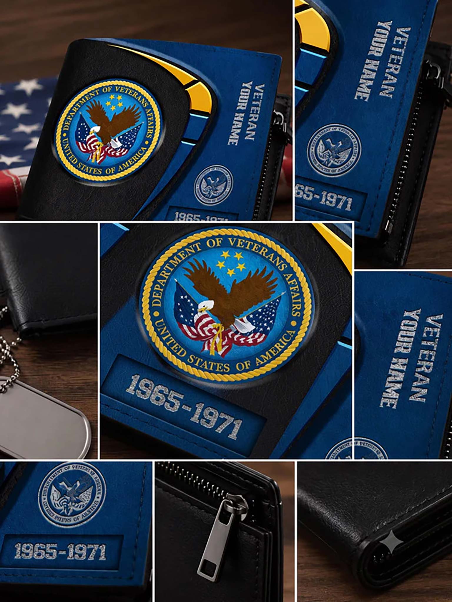 A collage showing multiple views of a black and blue bi-fold wallet with military veteran-themed graphics, including a Department of Veterans Affairs seal, the years 1965-1971, and the text 'VETERAN YOUR NAME'.