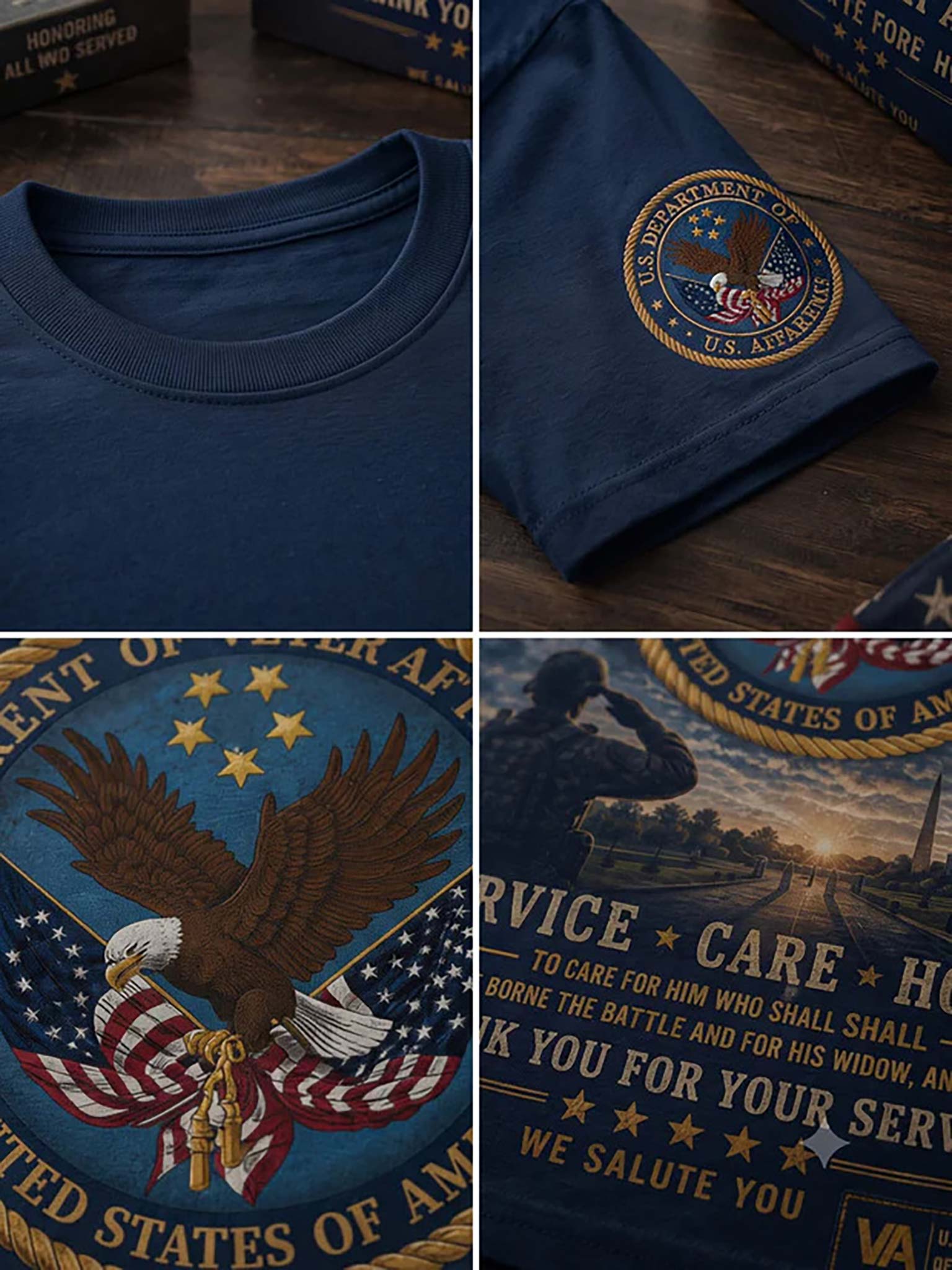 A navy blue t-shirt shown in a four-panel collage, featuring a close-up of the crew neck, a folded view with a circular U.S.