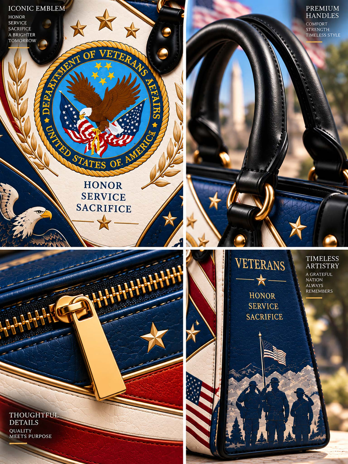 Veteran Heritage Elegance Leather Bag handle, zipper and printed details