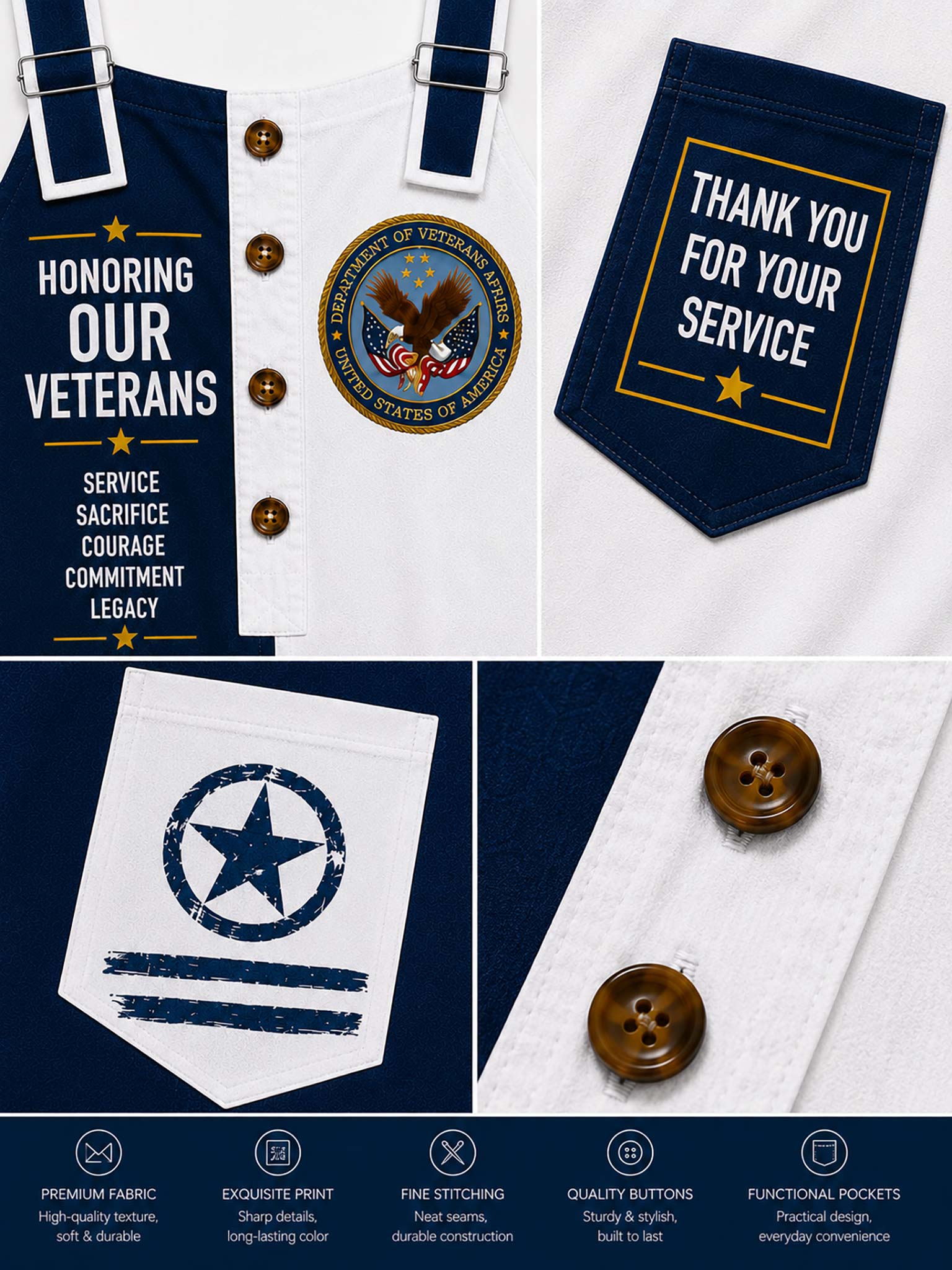 A collage showing a patriotic military-themed shirt or uniform accessory set in navy and white fabric, with printed text patches reading 'HONORING OUR VETERANS' and 'THANK YOU FOR YOUR SERVICE,' plus a circular veteran emblem and close-up views of buttons and pockets.