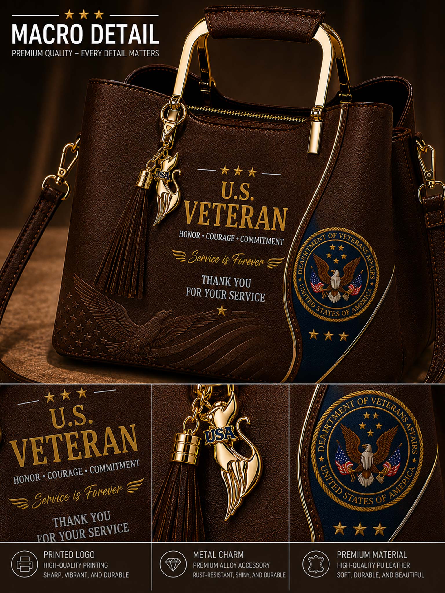 A dark brown faux-leather handbag with gold-tone hardware, featuring a U.S.