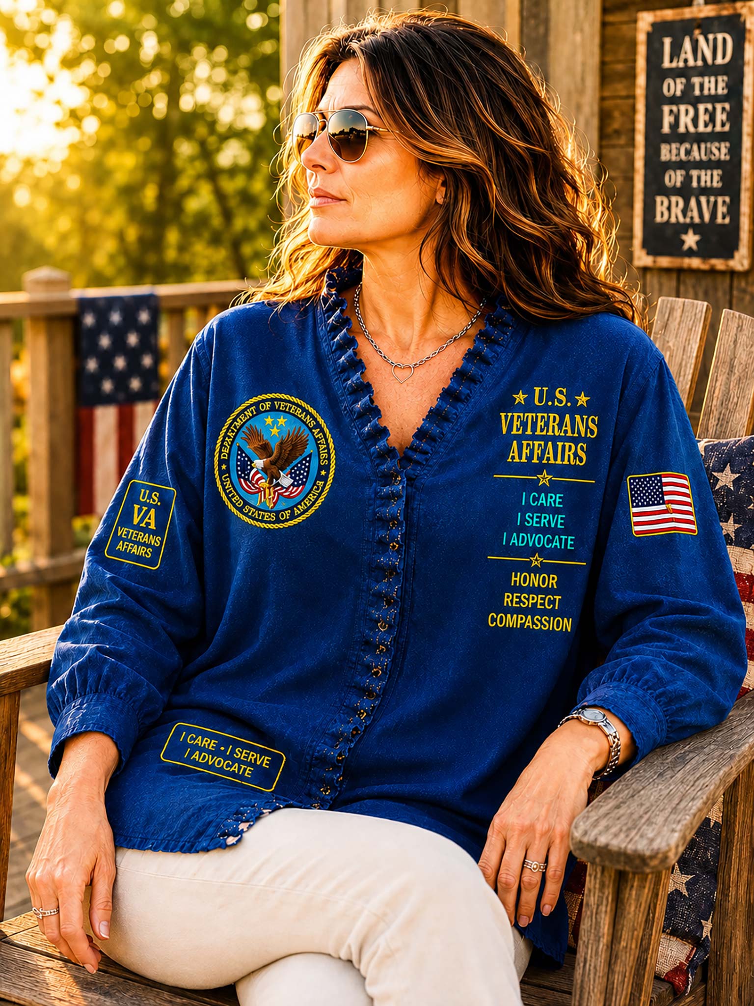 A woman wearing a royal blue button-up shirt with U.S. Veterans Affairs patches and text, seated on a wooden porch chair.