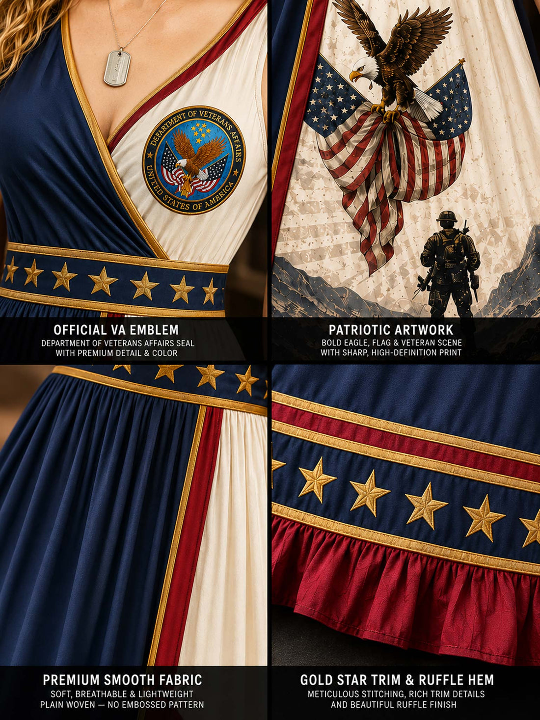 A woman wearing a patriotic military-themed maxi dress with a split design featuring navy blue and cream sections, stars, eagles, and text reading 'Proud to Have Served' and 'Honor Courage Commitment.' The scene is styled with an American flag, military medals, a lantern, and a wooden crate in a rustic indoor setting.