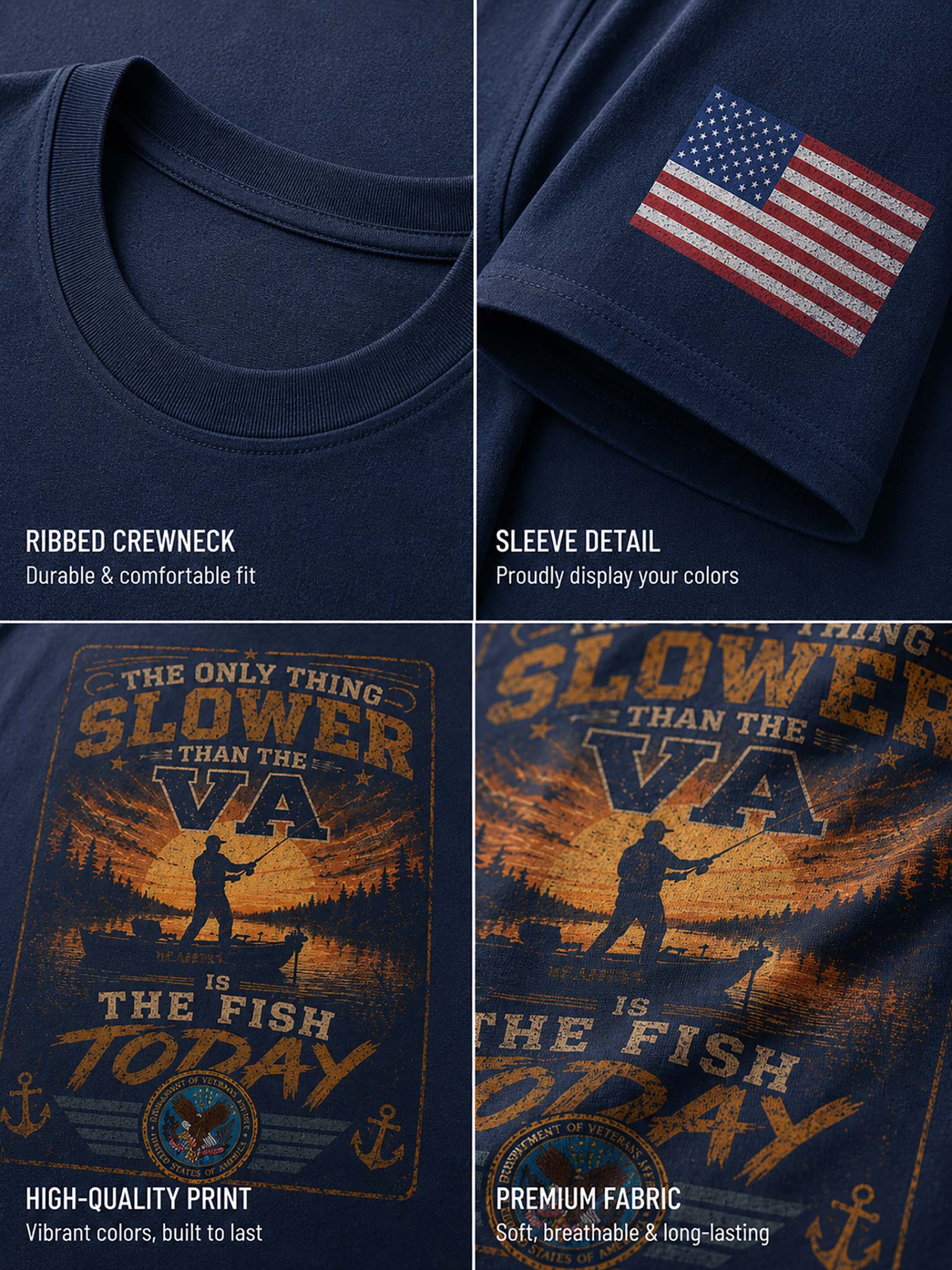 A four-panel product detail collage of a navy blue t-shirt. The top-left panel shows the ribbed crewneck.