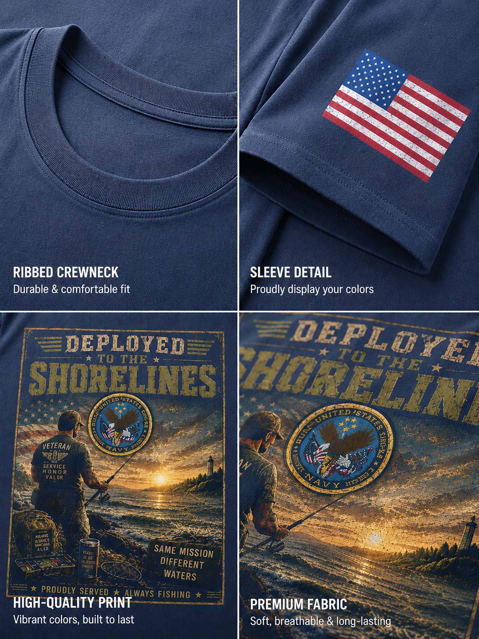 A four-panel product showcase of a navy blue crewneck t-shirt. The top-left panel shows the ribbed crewneck.