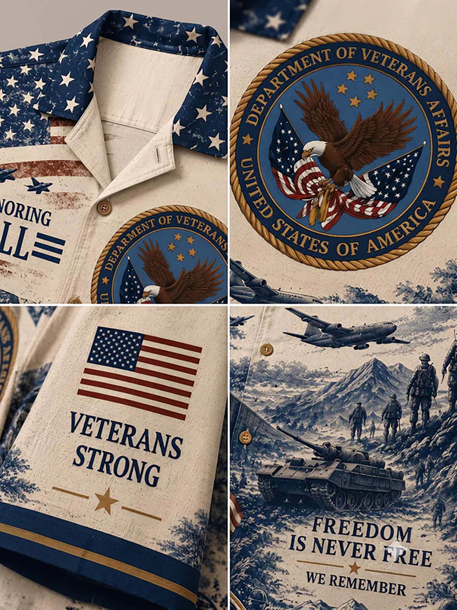 A close-up collage of a patriotic military-themed shirt or jacket panel, showing a blue-and-white star pattern, a circular 'Department of Veterans Affairs' seal with an eagle, an American flag and 'Veterans Strong' text, and a blue-toned war memorial scene with soldiers, a tank, and the words 'Freedom is Never Free We Remember.'.