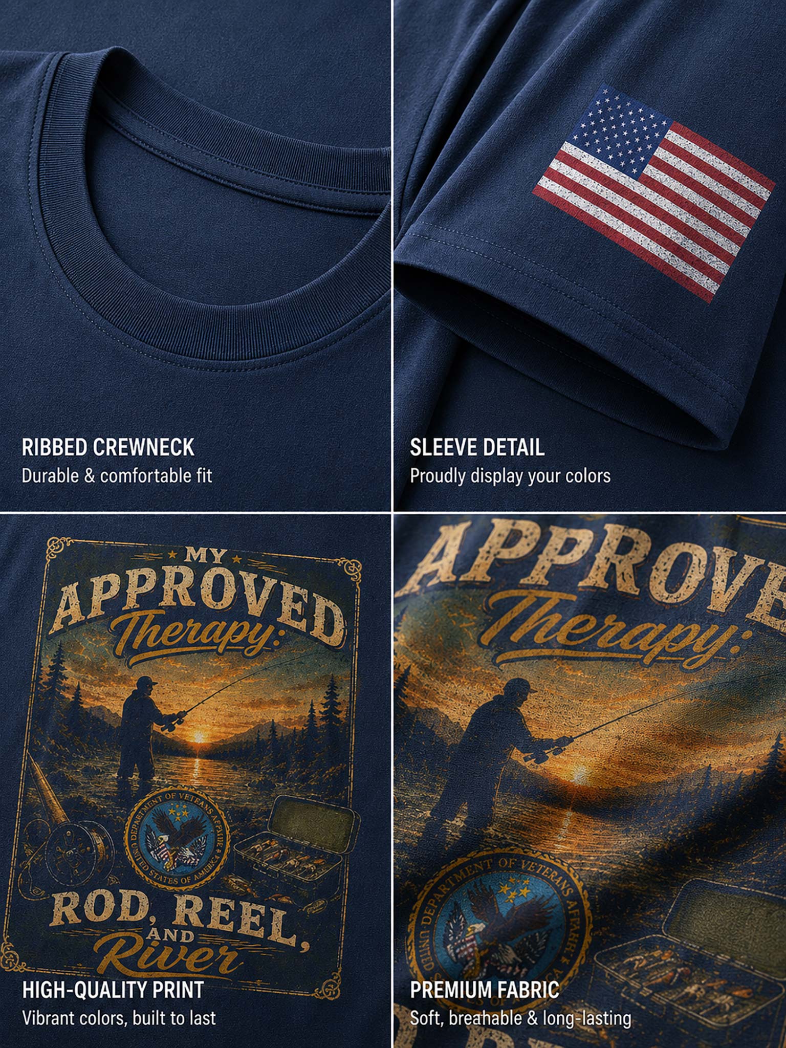 A four-panel product showcase of a navy blue t-shirt. The top-left panel shows the ribbed crewneck.