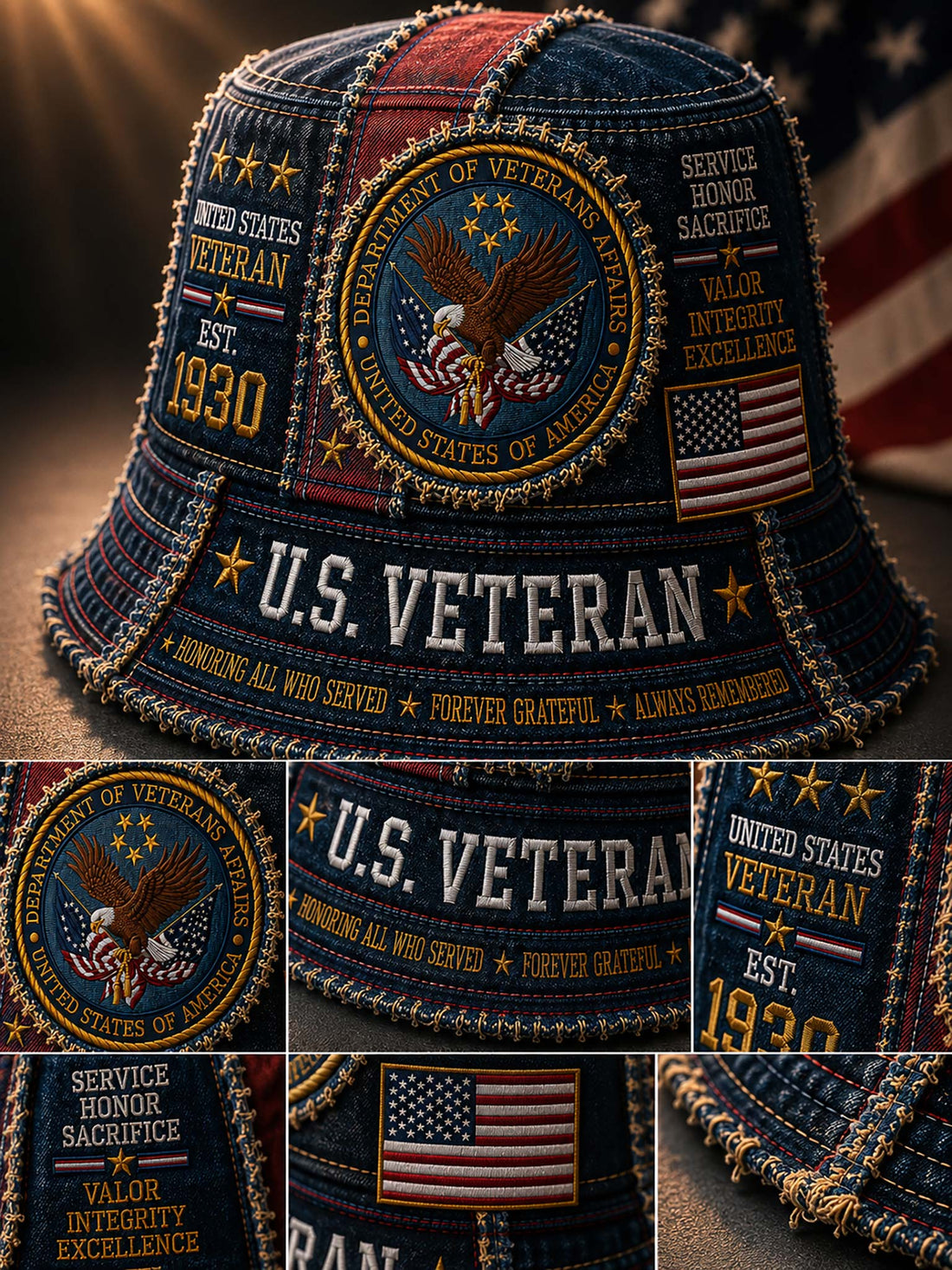 A close-up collage of a denim-style bucket hat with patriotic embroidered patches and text reading 'U.S.