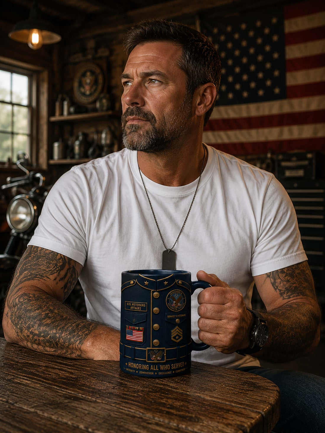 A dark blue ceramic mug designed to look like a U.S.