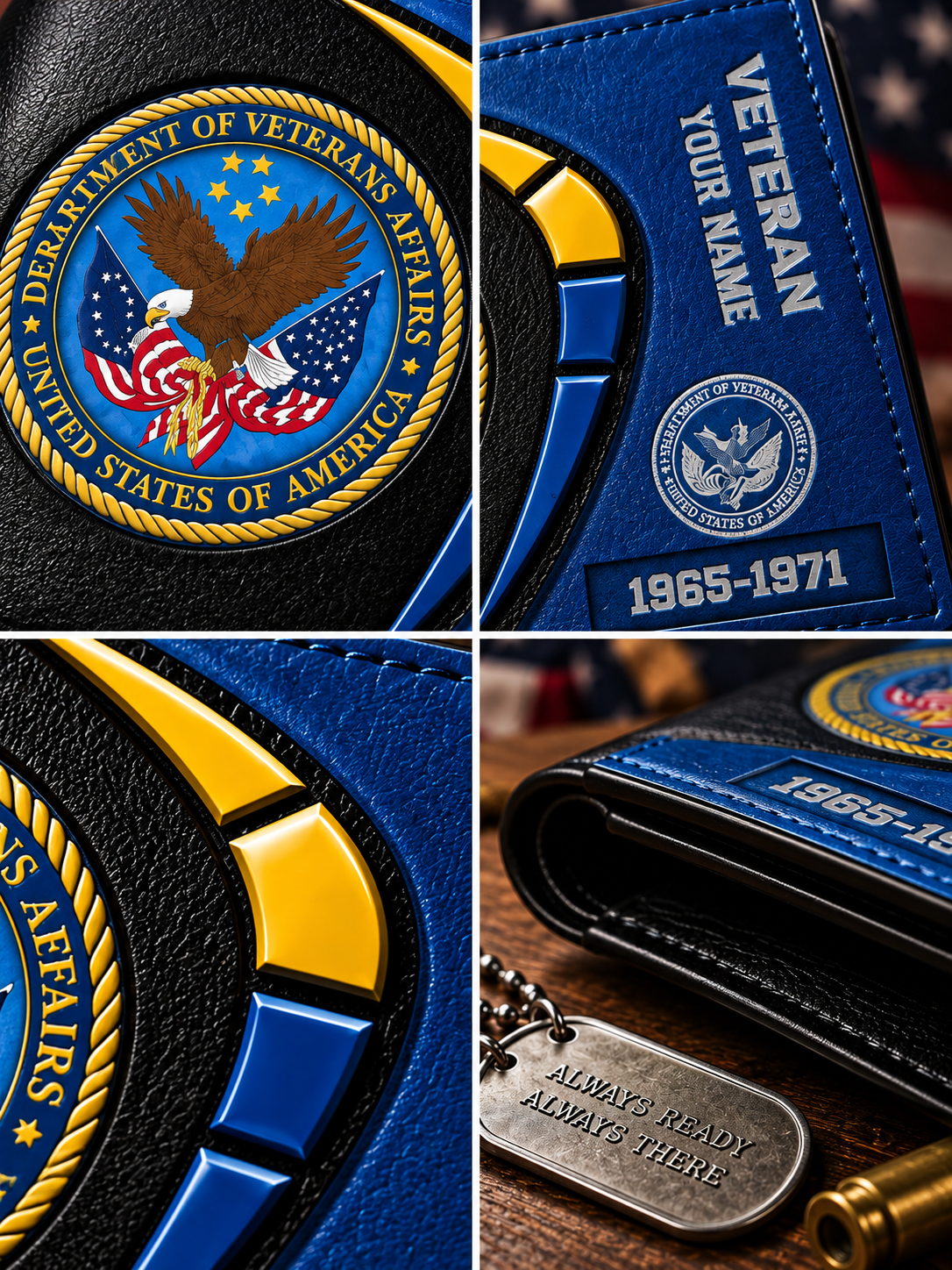 A black and blue bi-fold wallet with a U.S.