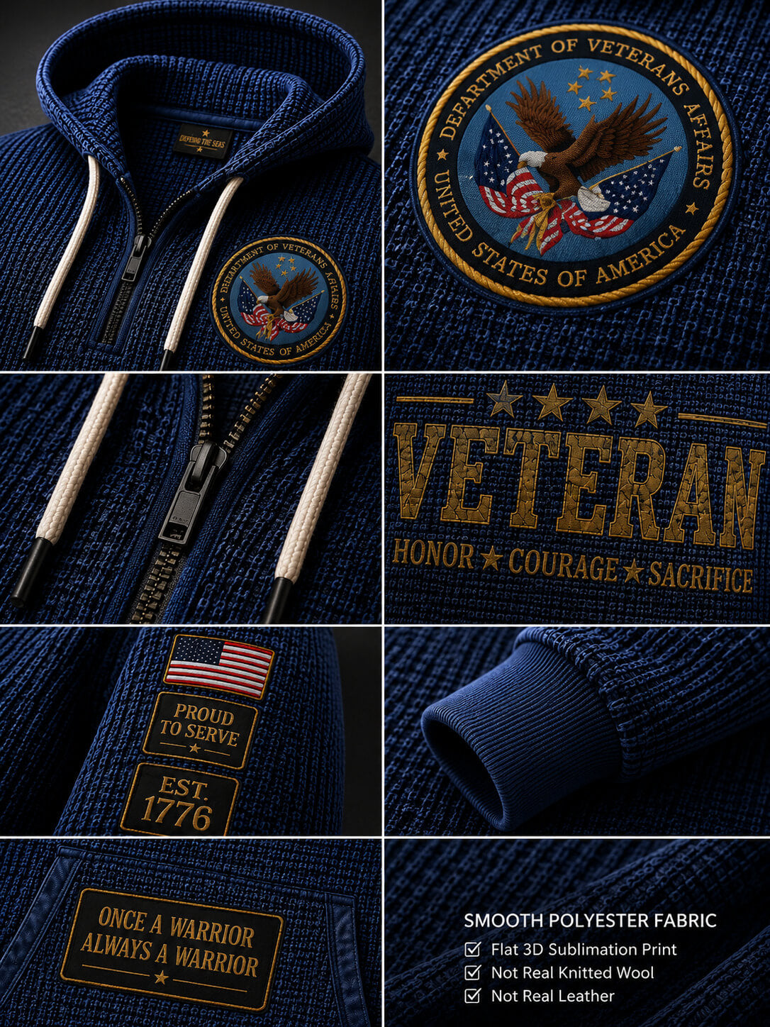 A dark navy blue ribbed knit zip-up hoodie shown in a six-panel collage, featuring close-ups of the front zipper, drawstrings, a circular Department of Veterans Affairs eagle patch, a large distressed gold 'VETERAN' graphic, a small American flag patch reading 'Proud to Serve Est 1776', and fabric texture details.