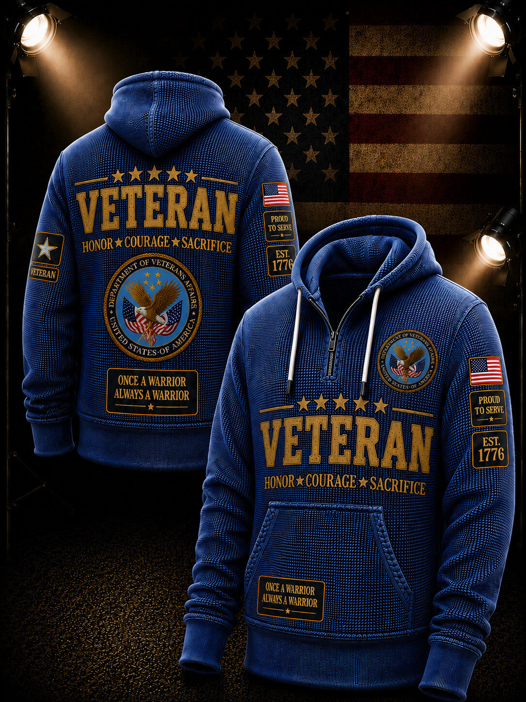 A blue pullover hoodie shown from both front and back, featuring large gold 'VETERAN' text, smaller white text, an eagle emblem, American flag patches, and drawstring hood. The hoodie is displayed against a dark patriotic background with spotlights and an American flag.