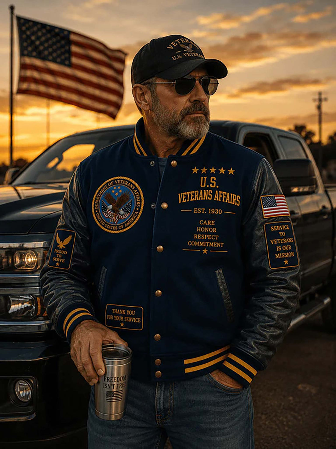 A navy blue varsity-style jacket with black leather-look sleeves and gold/yellow trim, featuring large U.S.