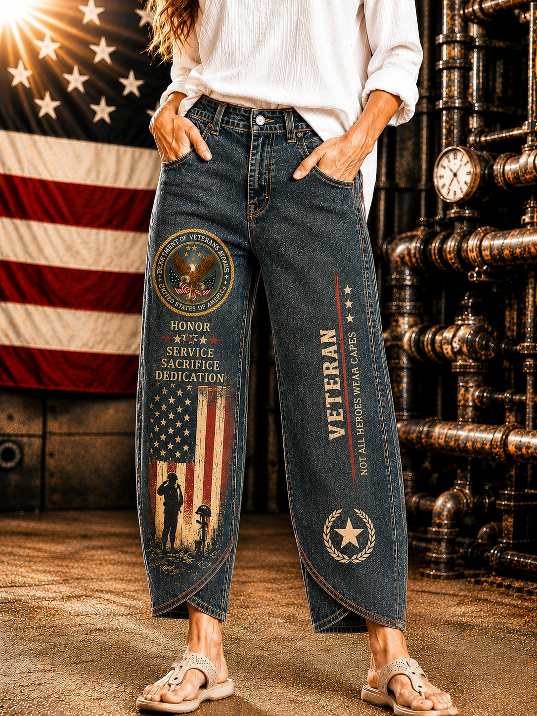 A person wearing dark blue wide-leg jeans with patriotic military-themed graphics, including 'VETERAN' text, an American flag, and military emblem prints, standing in front of an American flag and industrial pipe structure.