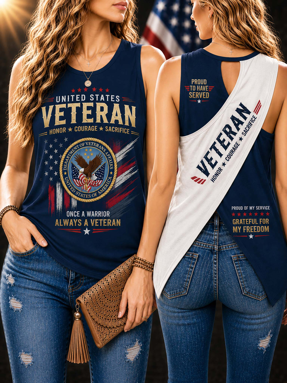 Two women modeling matching navy blue sleeveless tank tops with patriotic veteran graphics. The left model shows the front of the top with large 'VETERAN' text, an eagle emblem, and red/white/blue flag elements.