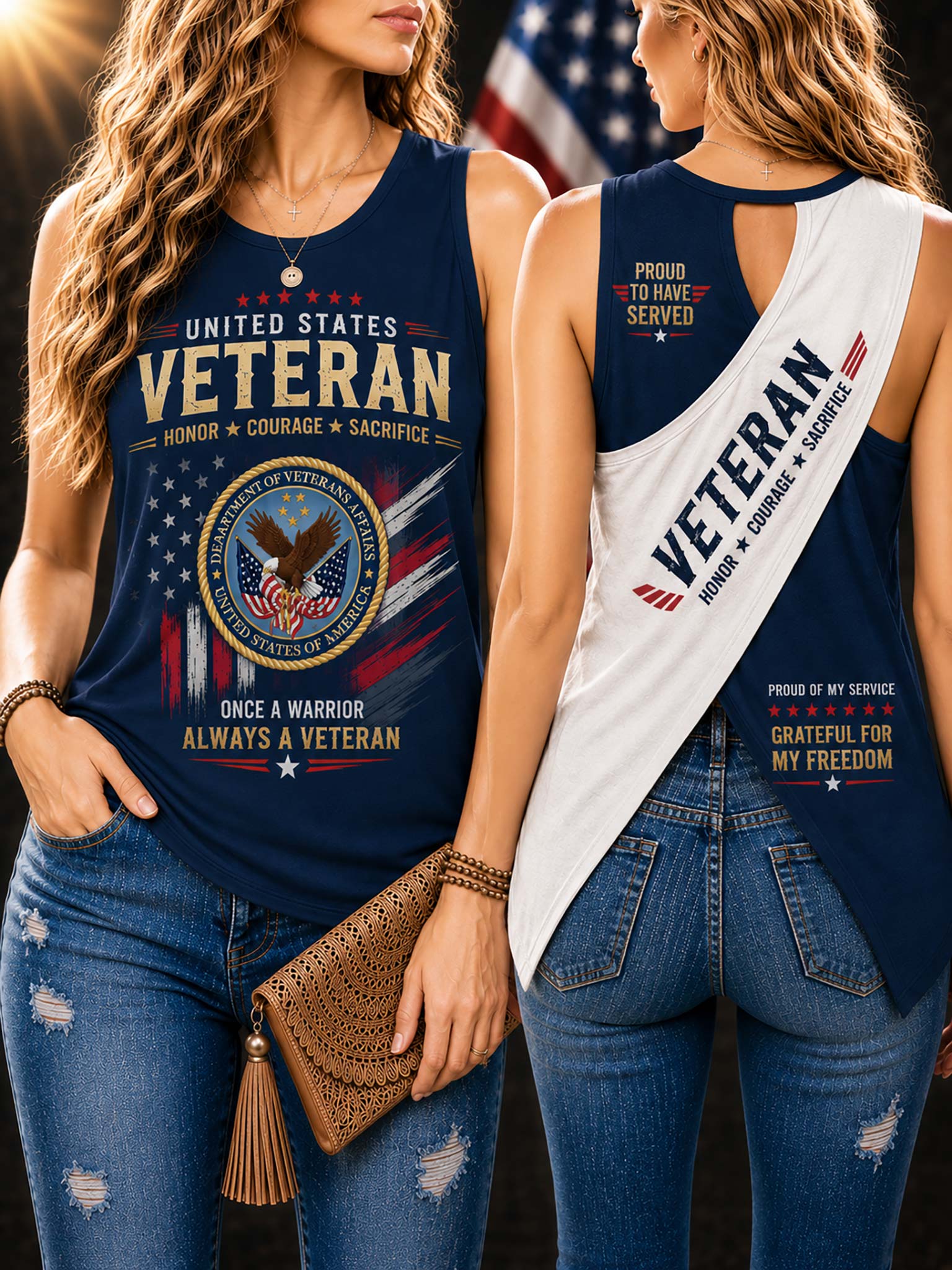 Two women modeling matching navy blue sleeveless tank tops with patriotic veteran graphics. The left model shows the front of the top with large 'VETERAN' text, an eagle emblem, and red/white/blue flag elements.