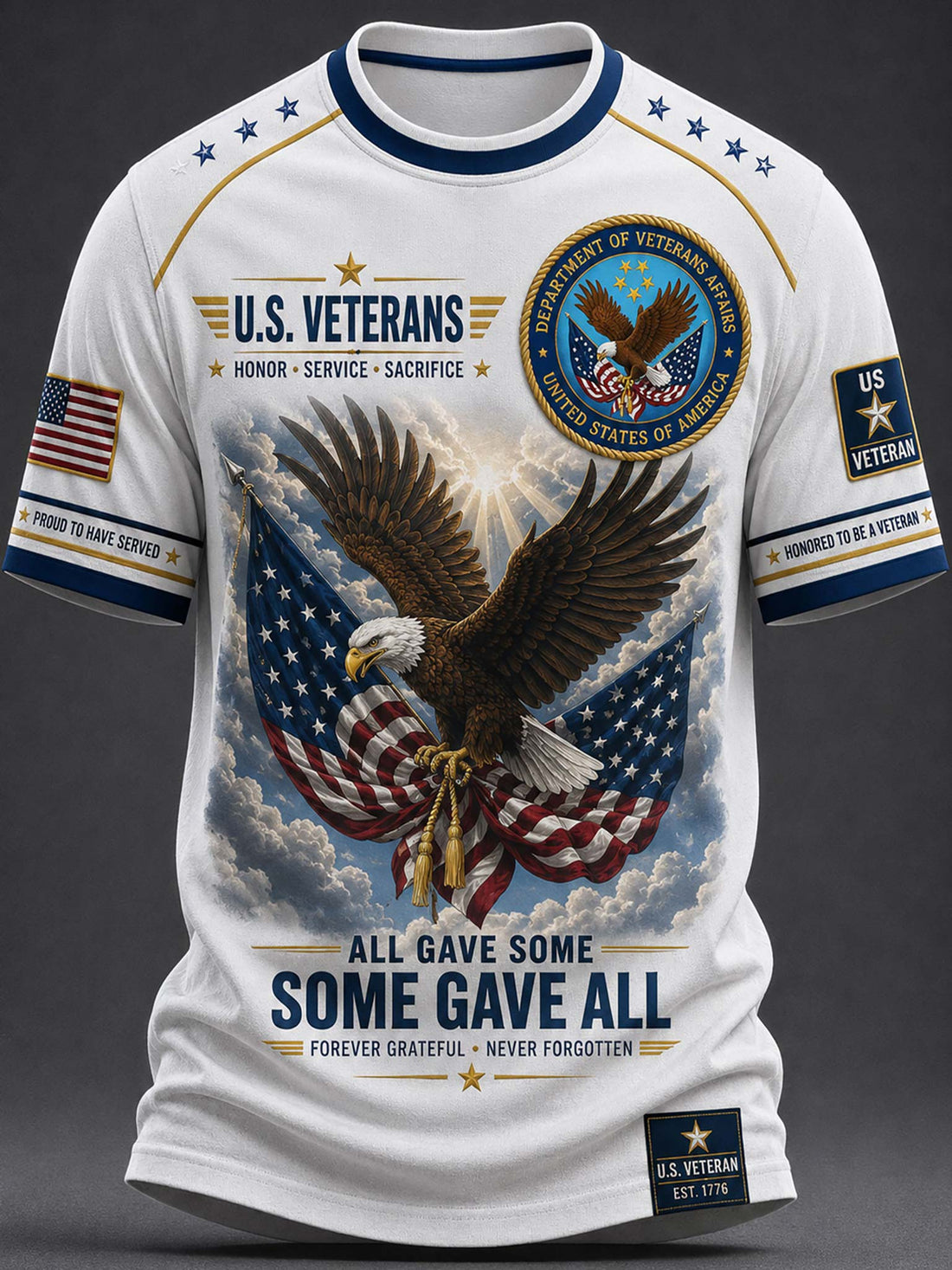 A white short-sleeve t-shirt with a detailed U.S.
