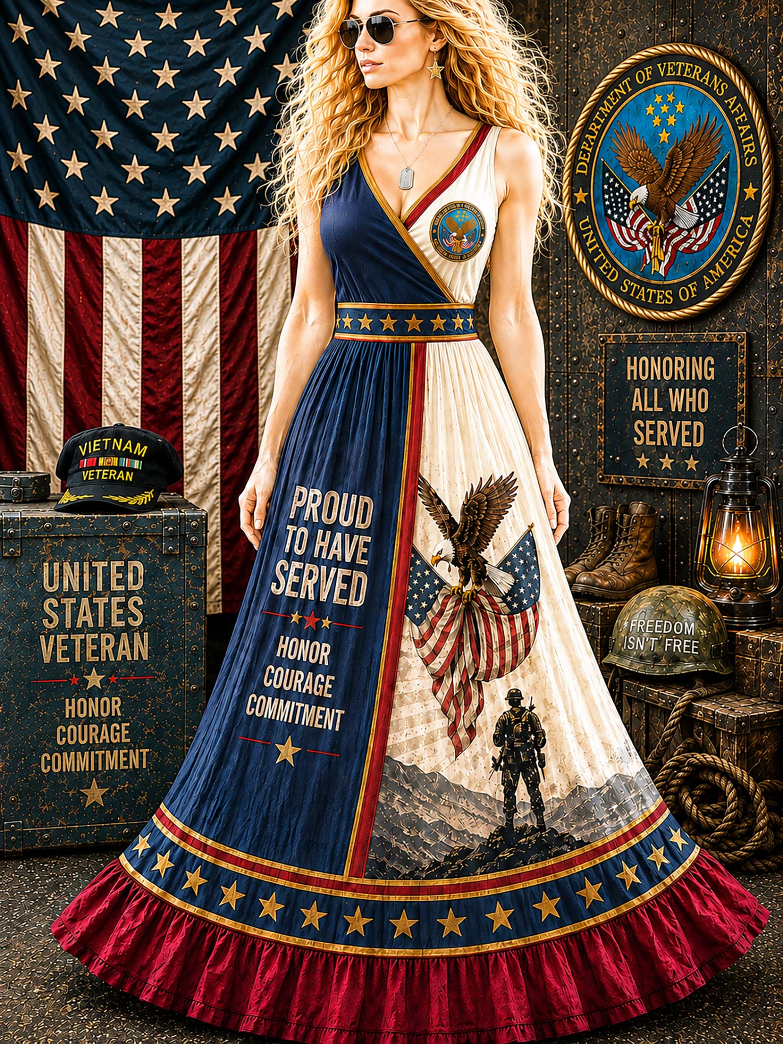 A woman wearing a patriotic military-themed maxi dress with a split design featuring navy blue and cream sections, stars, eagles, and text reading 'Proud to Have Served' and 'Honor Courage Commitment.' The scene is styled with an American flag, military medals, a lantern, and a wooden crate in a rustic indoor setting.