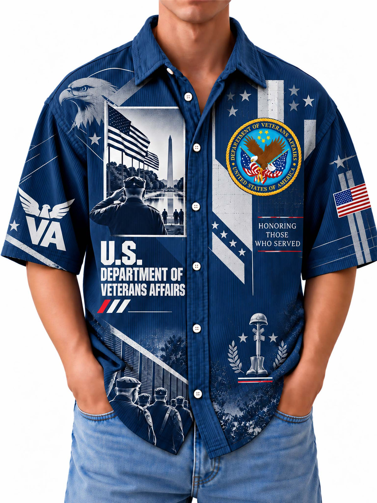 A man wearing a blue short-sleeve button-up shirt with a detailed U.S.