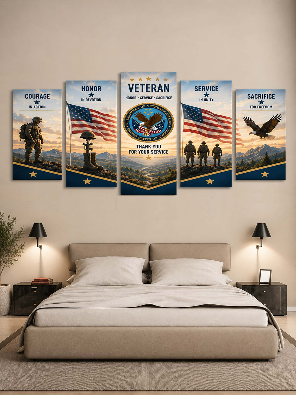 A 5-panel canvas wall art set displayed above a bed in a modern bedroom. The patriotic military-themed prints feature the words Courage, Honor, VETERAN, Service, and Sacrifice, along with American flags, soldiers, an eagle, and a military emblem.