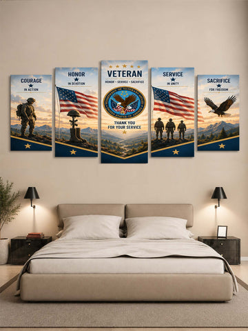 A 5-panel canvas wall art set displayed above a bed in a modern bedroom. The patriotic military-themed prints feature the words Courage, Honor, VETERAN, Service, and Sacrifice, along with American flags, soldiers, an eagle, and a military emblem.