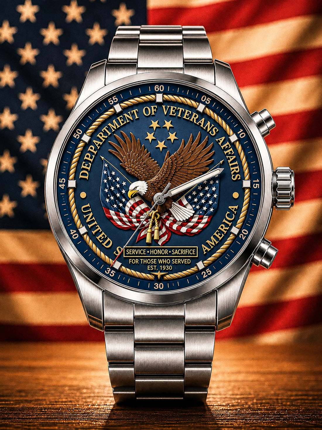 A stainless steel military-style watch with a blue dial featuring the Department of Veterans Affairs eagle emblem, stars, and American flag elements, set against a blurred American flag background on a wooden surface.