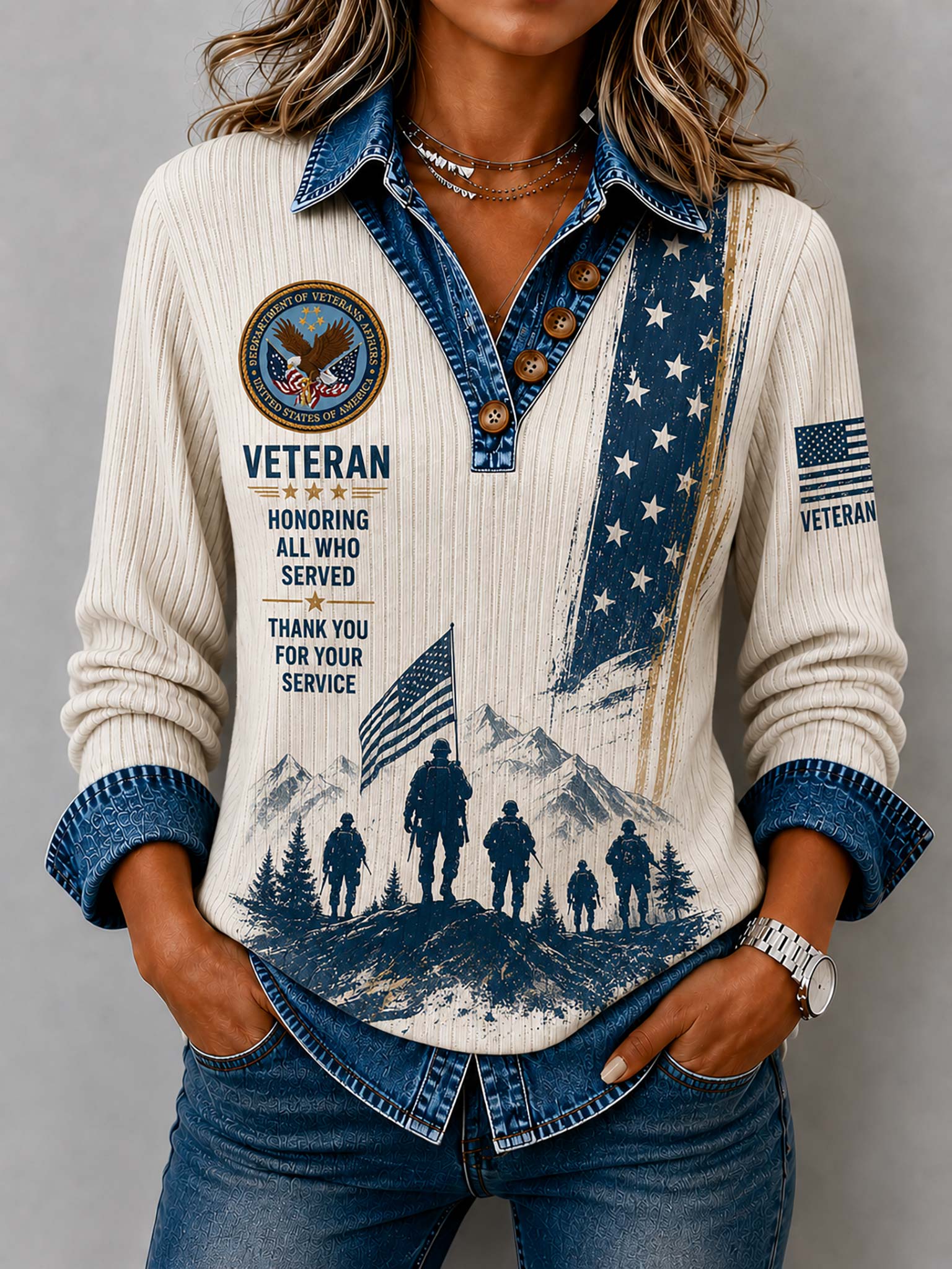Veteran Contrast-Collar V-Neck Long Sleeves