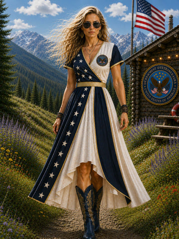 A woman stands outdoors in a mountain village wearing a high-low dress with a navy and cream American flag-inspired design, featuring white stars on the navy panels and a gold belt. She is wearing dark cowboy boots and sunglasses, with a rustic cabin, American flag, and mountains in the background.