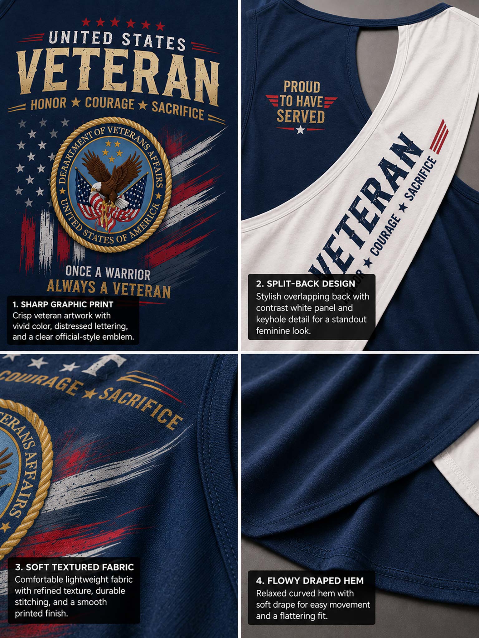 A four-panel product detail collage of a navy blue patriotic veteran-themed tank top. The panels show close-up views of the front graphic with an eagle emblem and distressed American flag print, the split-back V-neck construction with white keyhole detailing, the soft textured navy fabric, and the flowy draped hem.