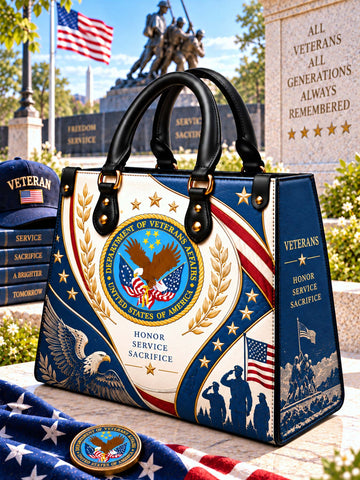 Veteran Heritage Elegance Leather Bag front view with eagle and patriotic artwork