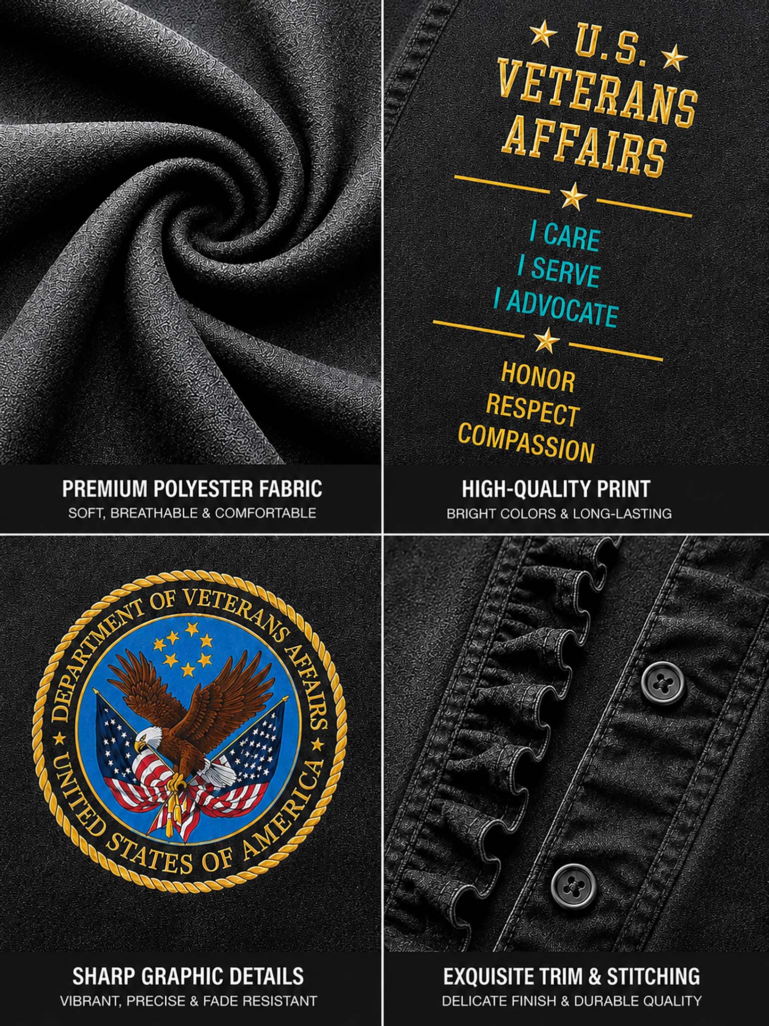 Four-panel product detail graphic for a black U.S.