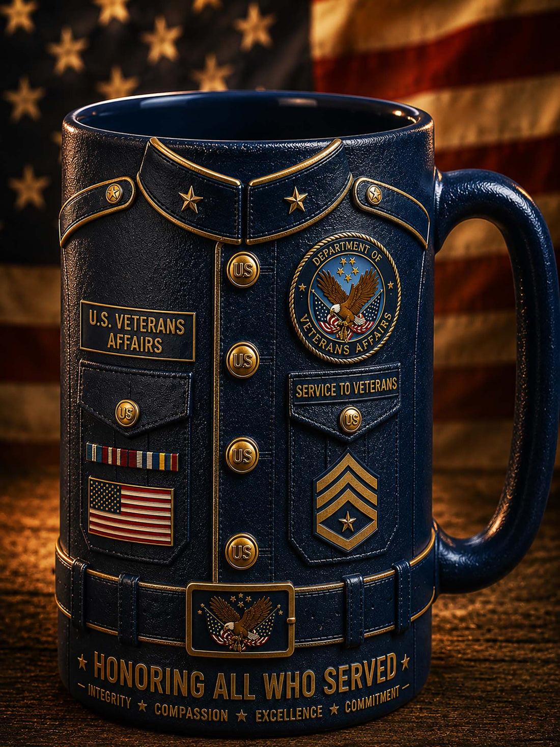 A dark blue ceramic mug designed to look like a U.S.