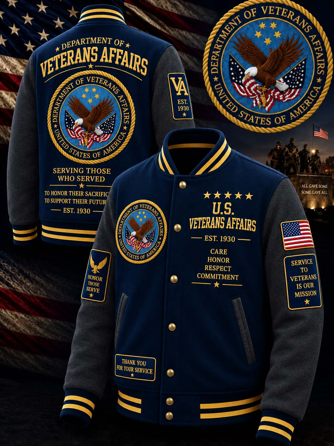 A dark navy varsity-style jacket with gold and yellow trim, featuring large U.S.