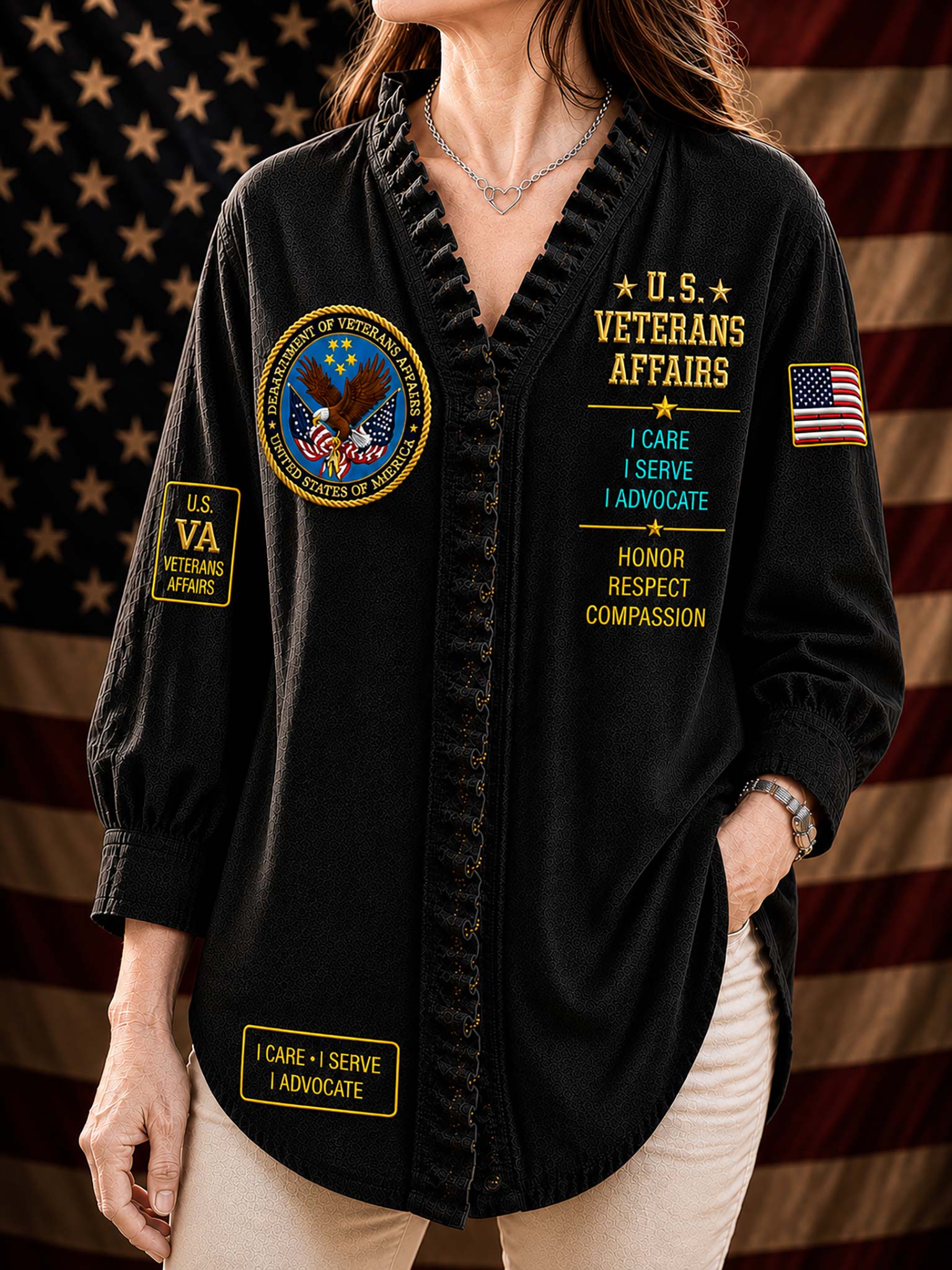 A woman wearing a black button-up shirt with military-themed embroidery, including 'U.S.