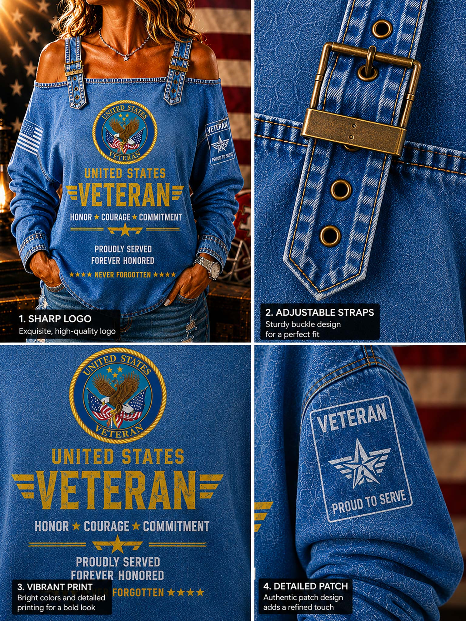 A blue denim-style off-the-shoulder top shown on a model, with close-up detail panels of the front logo, buckle straps, and a printed veteran patch. The design reads 'United States Veteran' with decorative text and an eagle emblem.