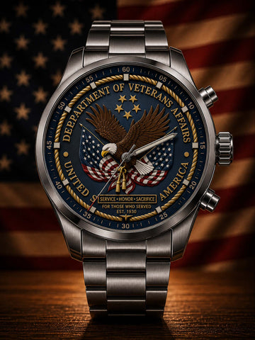 A stainless steel military-style watch with a dark blue dial featuring an eagle, American flag elements, and the text 'Department of Veterans Affairs' and 'United States America.' The watch is shown in a dramatic close-up with an American flag and warm spotlighting in the background.