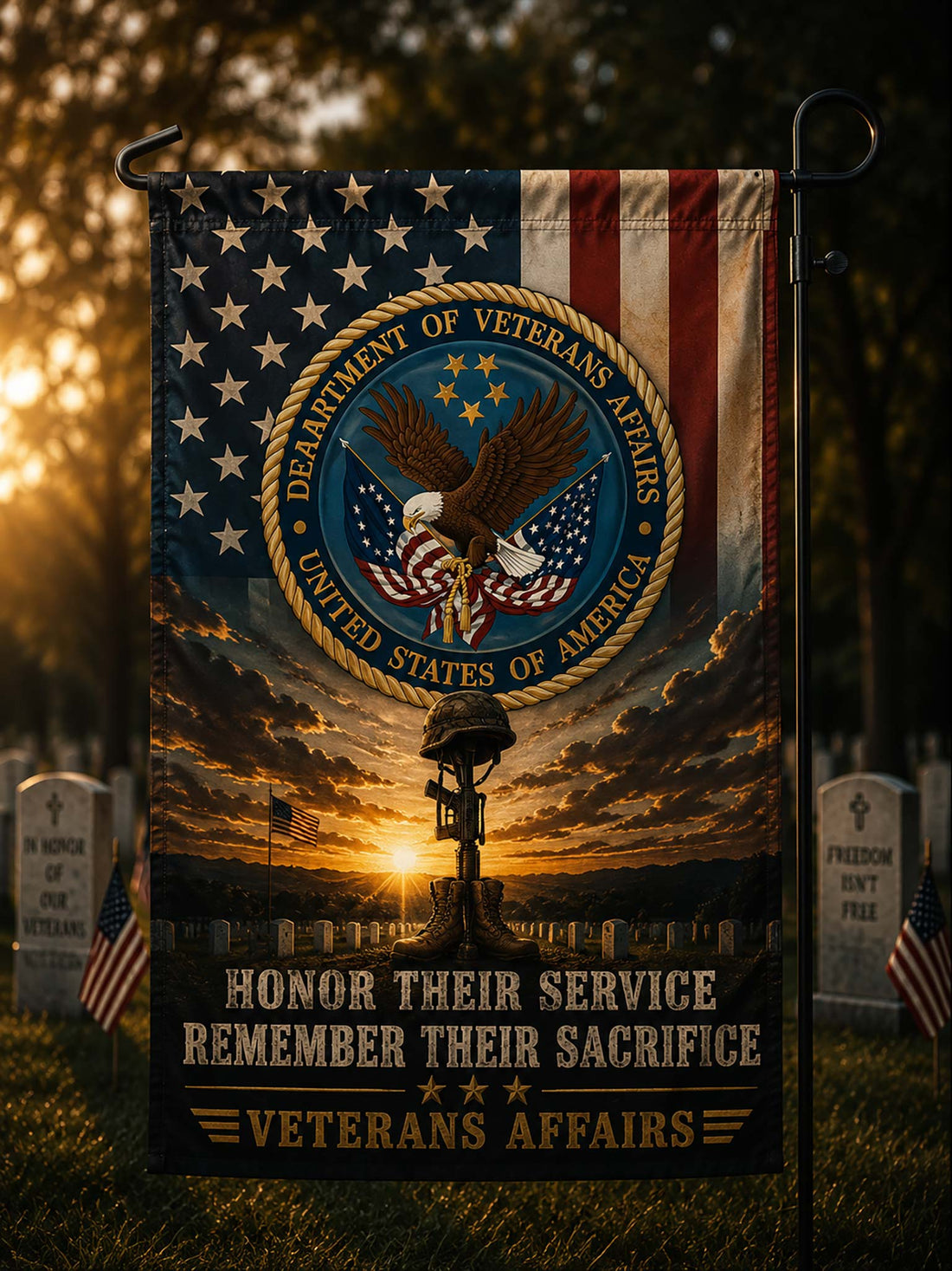 A vertical garden flag displayed on a black metal stand in a grassy outdoor setting. The flag features the Department of Veterans Affairs seal over an American flag, an eagle, and a memorial tower at sunset, with the text 'HONOR THEIR SERVICE REMEMBER THEIR SACRIFICE' and 'VETERANS AFFAIRS'.