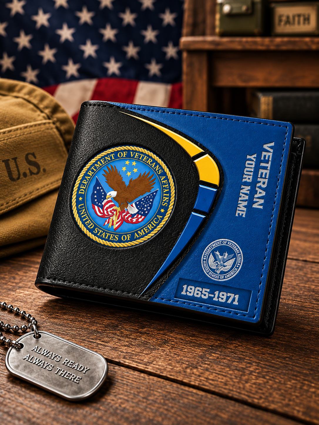 A black and blue bi-fold wallet with a U.S.